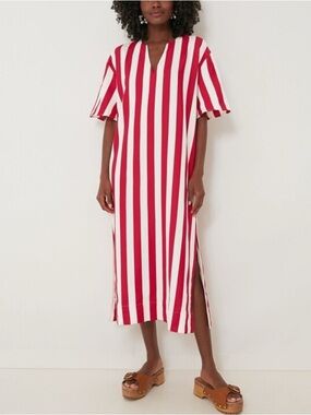 NWT Pomander Place Canaan Dress Red White Striped Twill Midi Caftan Size M